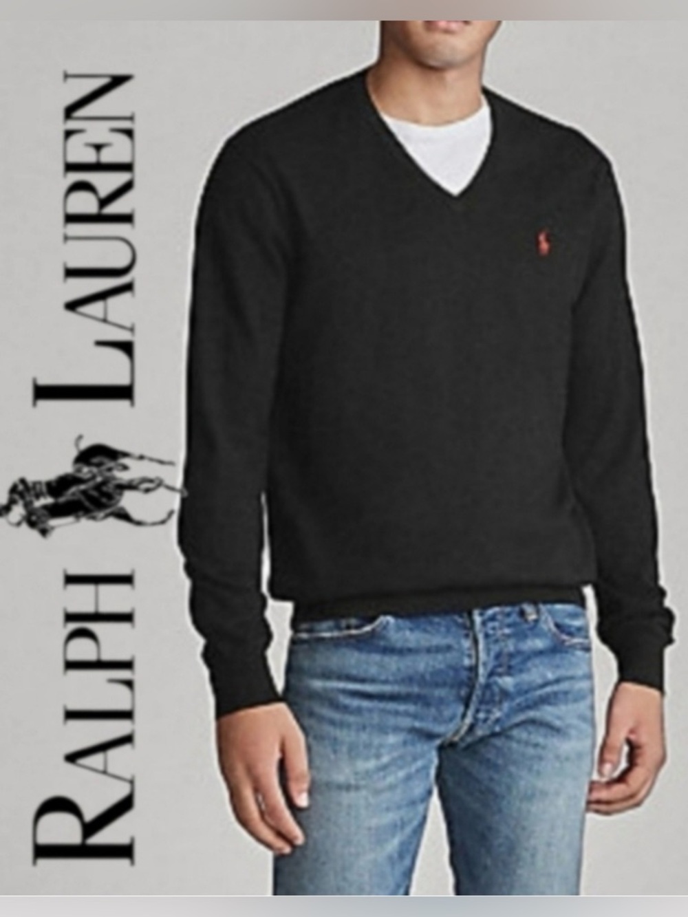 Polo by Ralph Lauren Men's Black V-Neck Sweater with Red Pony-worn once